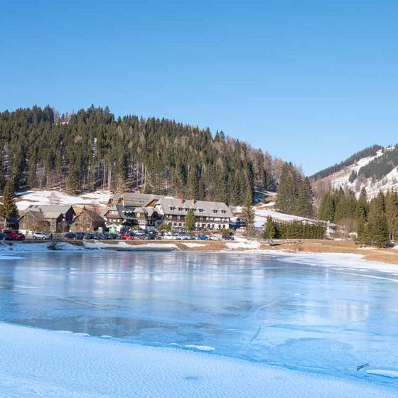 Blick vom gefrorenen See auf das Hotel Teichwirt
