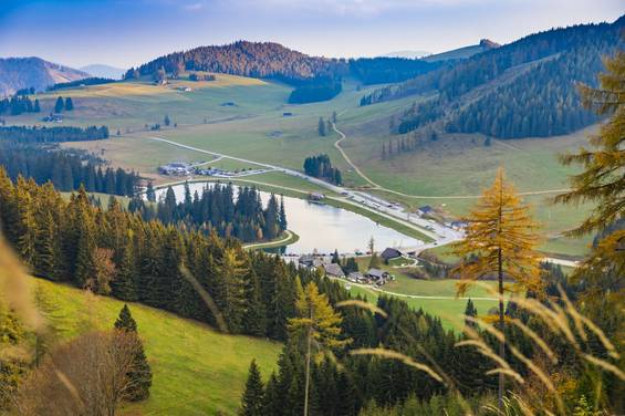 Der Teichalmsee von oben im Herbst